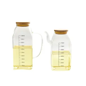 Heat-resistant glass oil dispenser bottle set with bamboo lid and measuring scale