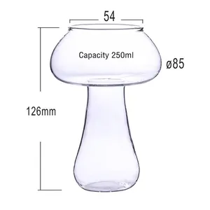 Detailed dimensions of 250ml mushroom-shaped clear glass cocktail and juice cup.