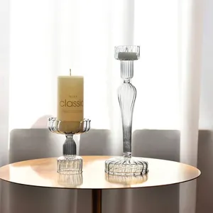 Vintage Ribbed Glass Candle Holder European Transparent Colorful Dual Use Candlestick For Dining Table Home Decor Wedding Decor Gift