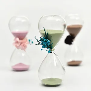 Nordic Creative Glass Hourglass Timer With Dried Flower Decoration High Borosilicate Glass Sand Clock For Home Office Desktop Ornament