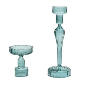 Elegant blue ribbed glass candle holder set for vintage European style table decoration