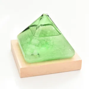 Green pyramid storm glass weather station with wooden base for home office decor