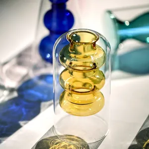 Creative Nordic double-layer glass vase with amber bubbled inner core and clear shell