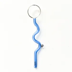 Detailed view of heat-resistant blue wavy handle glass stirring spoon with round clear head