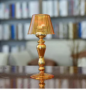 Amber glass candle holder in elegant table lamp shape for romantic dinner decor