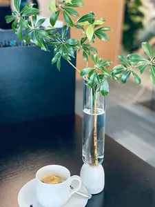 Primer plano de un jarrón de cristal recto moderno con base de mármol blanco en un entorno real.