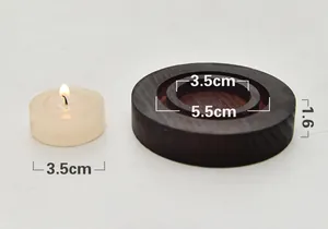 Size dimensions for round dark wooden candle holder base with small tea light candle