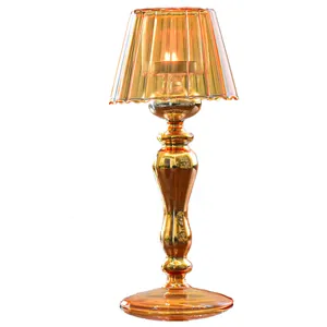 Elegant amber glass candle holder in vintage table lamp shape for home decoration
