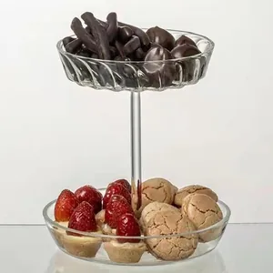 Piatto per frutta in vetro trasparente a due strati e alzatina per dolci per tavola elegante