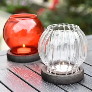 Elegant European style colored glass candle holder set with wooden base for home