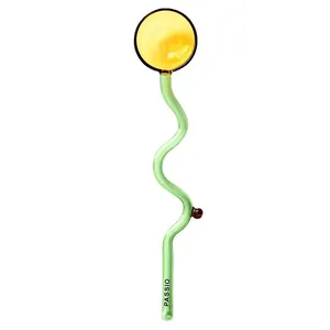 Artistic heat-resistant wavy green glass spoon with amber round head for coffee stirring