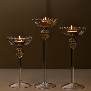 European Ribbed Glass Candle Holder Set Vintage High Foot Tealight Holder For Wedding Romantic Dinner Party Home Table Decor