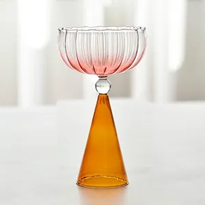 Striped gradient glass dessert cup with pink bowl and amber conical base for ice cream