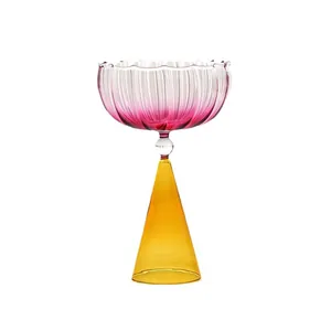 Creative striped gradient glass wine goblet with pink bowl and yellow conical base