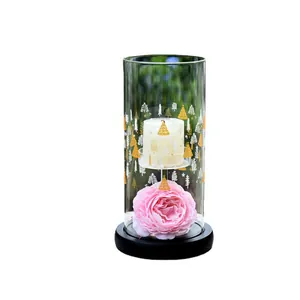 European style creative glass candle holder with Christmas tree patterns and pink rose