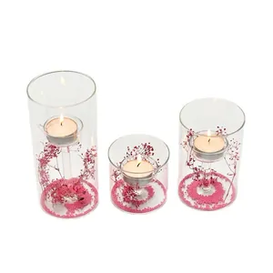 Set van 3 Europese hurricane glazen cilinder kandelaars met roze droogbloemen decor