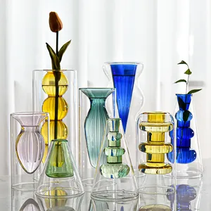 Creative Nordic colorful double-walled glass vases for tabletop decoration and flowers.