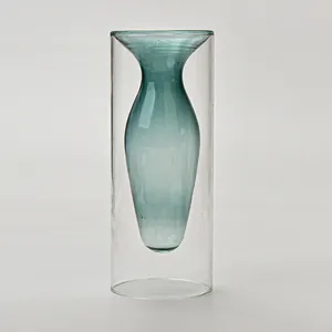 Modern minimalist Nordic style double-layer teal glass vase for creative table decor