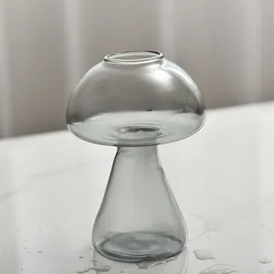 Mushroom-shaped smoky grey transparent glass vase for hydroponic plants and home decor