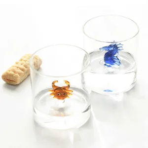 Creative glass water cups featuring 3D cartoon animal figures of crab and seahorse