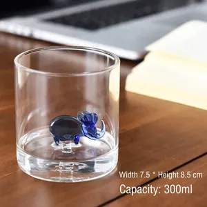 Creative glass cup with 3D blue elephant figure inside, 300ml for milk and juice.