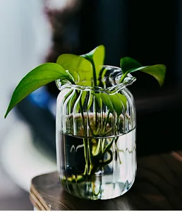 Detail view of a ribbed glass vase with a wavy rim for minimalist home decor