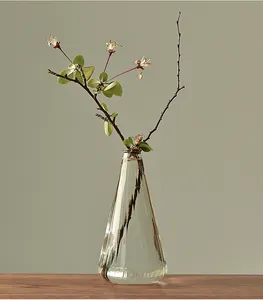 Close-up of minimalist conical glass vase with narrow neck for Zen home decor