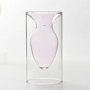 Modern Nordic double-layer glass vase with pink teardrop inner and clear outer cylinder