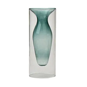 Elegant creative double-walled glass vase with a teal inner layer for modern home decor