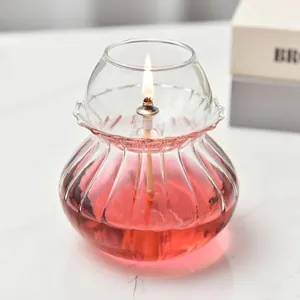 Vintage Ribbed Glass Oil Lamp Handmade Transparent Candlestick Decorative Tabletop Lantern For Home Wedding Banquet Decor Office Ornament