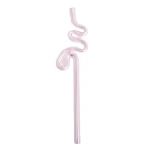 Pajita de vidrio rosa ondulada creativa con diseño artístico resistente al calor