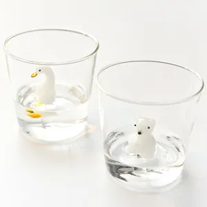 Cute 3D animal glass water cups with creative swan and polar bear minimalist design