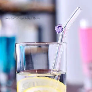 Cannucce in Vetro Borosilicato Resistenti al Calore Con Decorazione a Rosa 3D Fatta a Mano Cannucce Curve Riutilizzabili