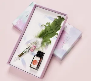 Elegant green feather glass dip pen set with 20ml ink in purple watercolor gift box