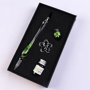 Luminous glass dip pen gift set including ink and flower pen rest in box