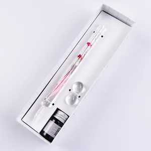 Handmade elegant glass dip pen set with red flowers, glass rest and ink in white gift box