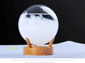 Gros plan d'une boule de tempête en verre avec des cristaux blancs en forme de plume