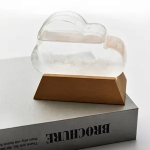 Cloud-shaped storm glass weather forecast bottle with solid wood base gift