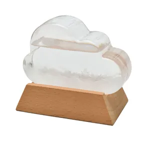 Cloud shape storm glass weather predictor with natural wood base for home office decor
