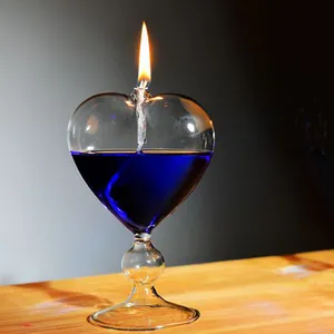 Romantic heart-shaped glass oil lamp with blue fuel for wedding gift and home decor