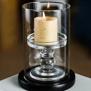 European Clear Glass Candle Holder With Black Base Cylinder Hurricane Candle Shield For Dining Table Wedding Home Decor