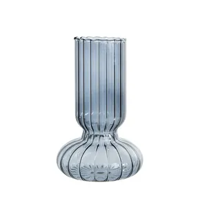 Elegant smoky grey ribbed glass vase in Nordic style for minimalist home desktop decor