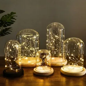 Borosilicate Glass Cloche Display Dome With Wooden Base LED Fairy Lights For DIY Micro Landscape Home Wedding Decor