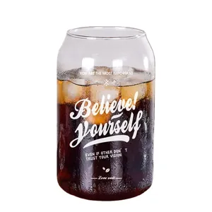 Can-shaped creative glass cup with 'Believe Yourself' print for iced coffee and soda.