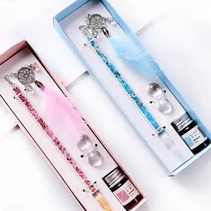 Handmade Dreamcatcher Diamond Crystal Glass Dip Pen Gift Set Borosilicate Glass Spiral Nib Writing Pen With Ink For Office