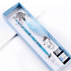 Elegant blue dreamcatcher glass dip pen gift set with matching ink bottle and holder