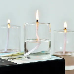 Detailed macro view of creative clear glass oil lamps lit with a warm glowing flame