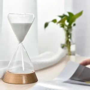 Creative 15-minute glass sand hourglass timer with natural wood base for home office decor