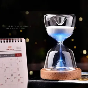 LED Remote Control Glass Hourglass Timer 15 Minutes Sleep Night Light Wooden Base Creative Home Decor Gift Night Lamp