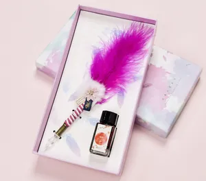 Handmade purple feather glass dip pen set with 20ml creative ink in decorative gift box